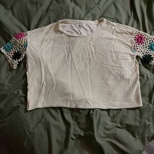 Umgee Cream Top with Crochet Sleeves